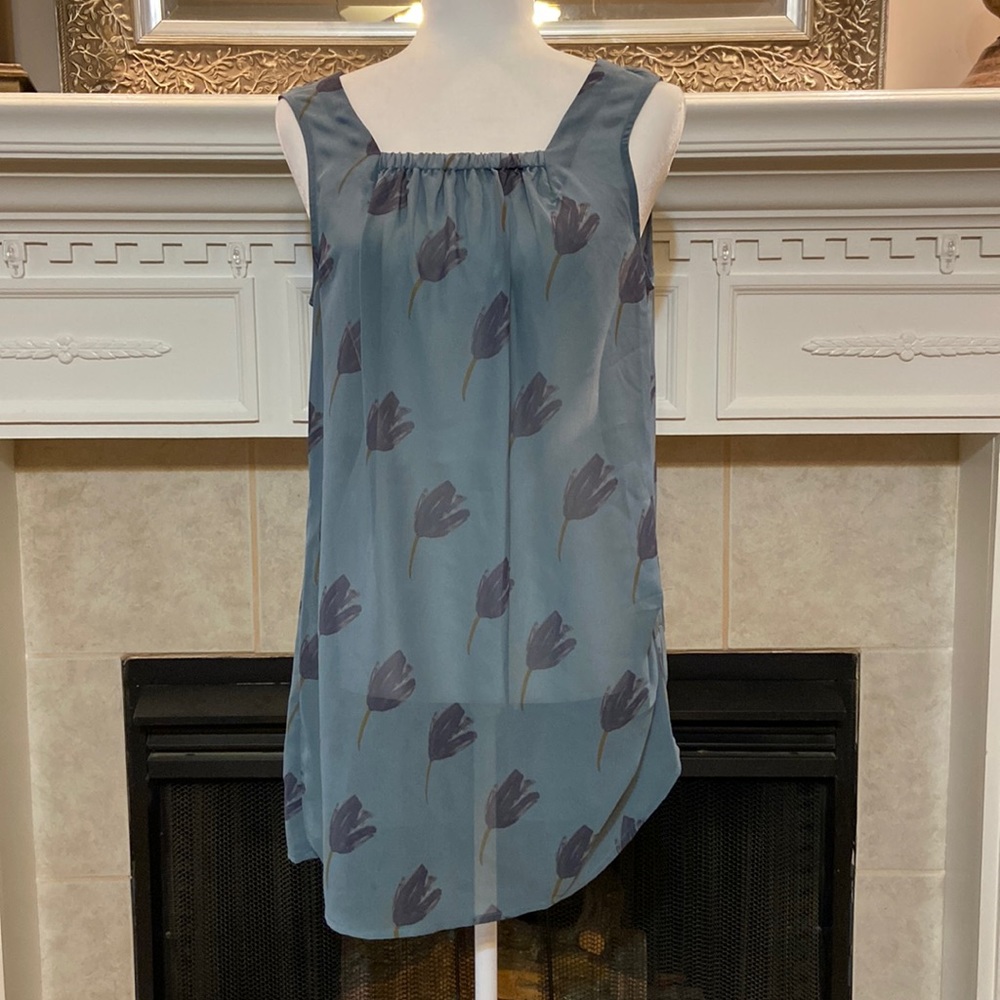 CAbi Blue/Gray Semi-Sheer Sleeveless Top with Tulips